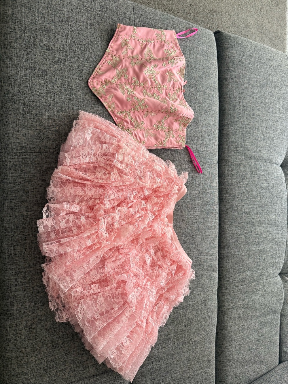 Vintage Betsey Johnson Pink Floral Embroidered Corset & Tiered Lace Skirt Set –